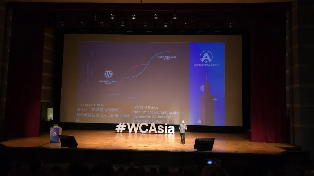 Noel Tock on the stage in WordCamp Asia 2024, taken by Nin